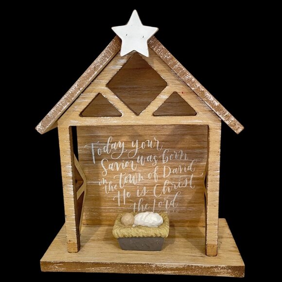Vintage Handmade Wooden Nativity Scene with Star & Baby Jesus Rustic Christmas D - Picture 1 of 10